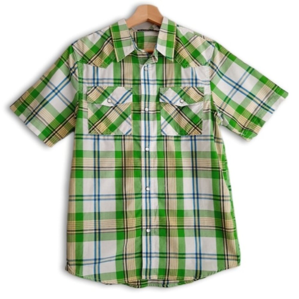 OLD NAVY Western Pearl Snap Button Plaid Shirt Green Big Kids Youth Sz XL